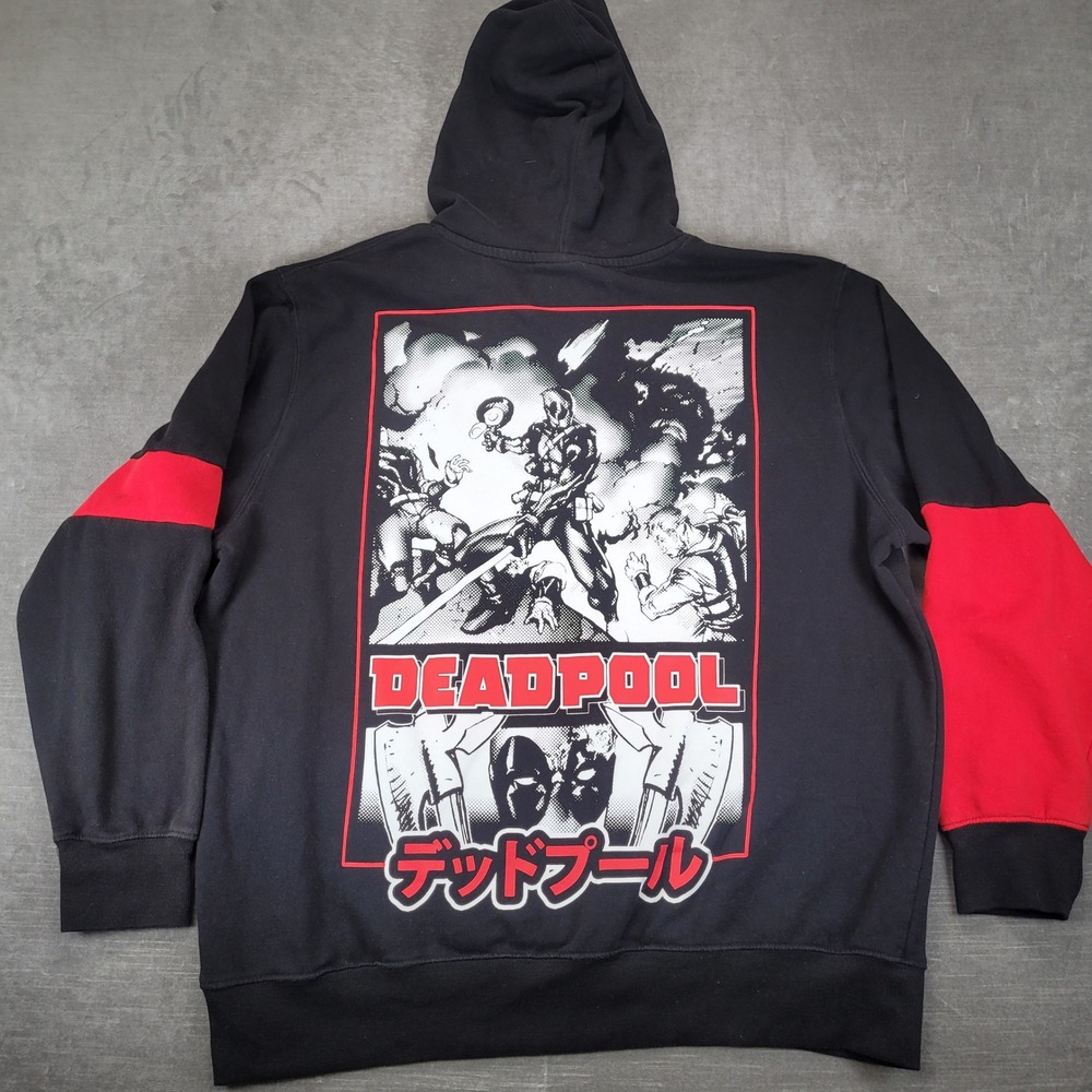 Marvel Deadpool Mens XL Black Red Graphic Hoodie Japanese Manga Anime Streetwear
